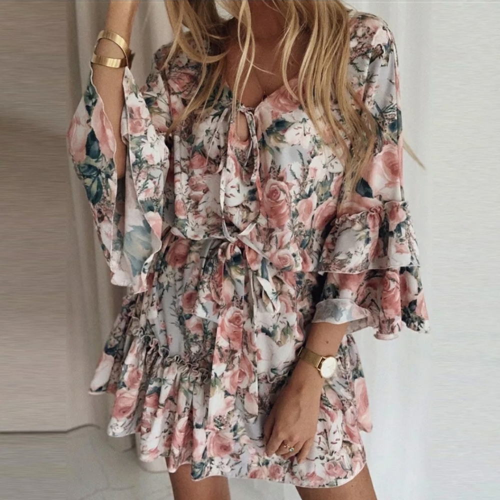Ruffled Belted Mini boho sexy flowy mini Dress